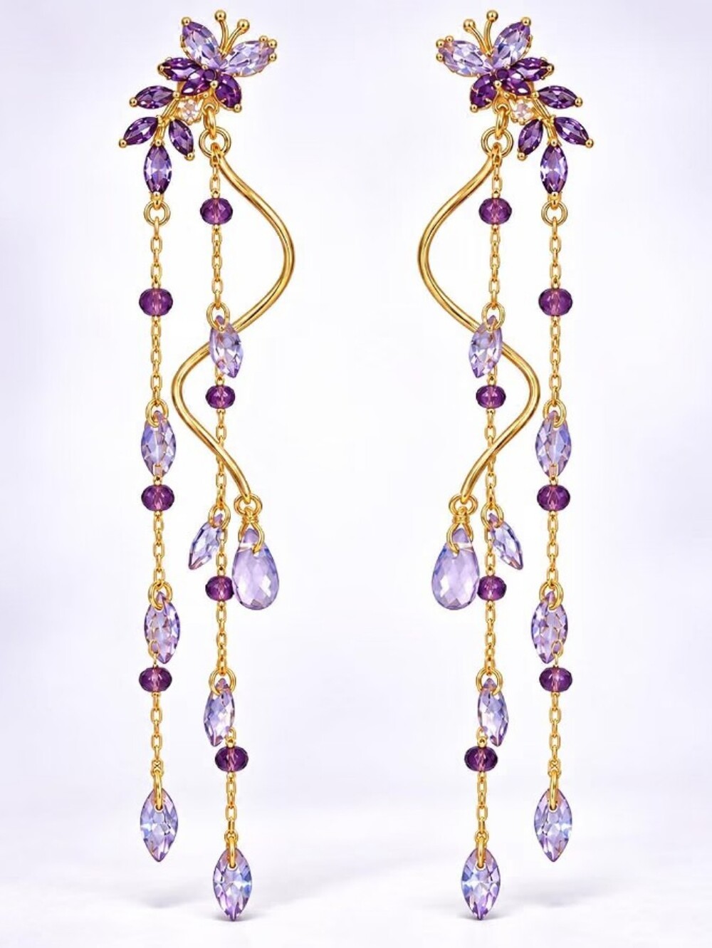 Purple Flower Dangle Earrings Long Beaded Tassels Gold Tone